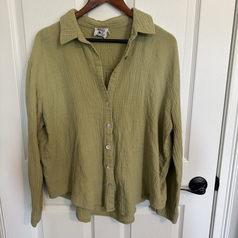 Princess Polly Womens Shirt Size 12 Green Long Sleeve Button-Up Collared Top